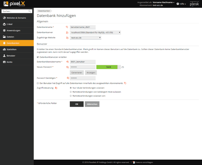 Plesk Datenbank hinzufügen