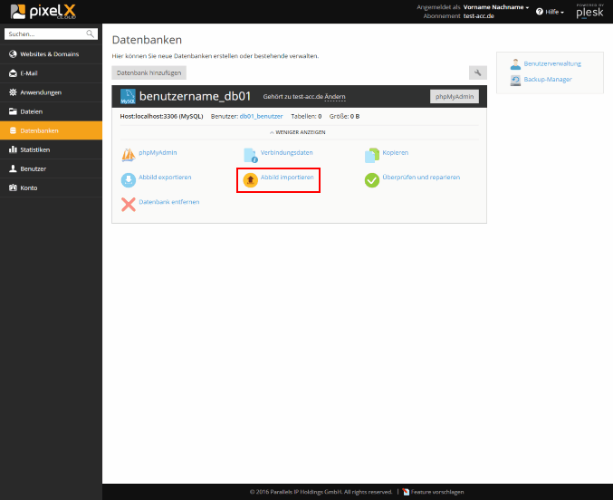 Plesk - Datenbanken - Abbild importieren