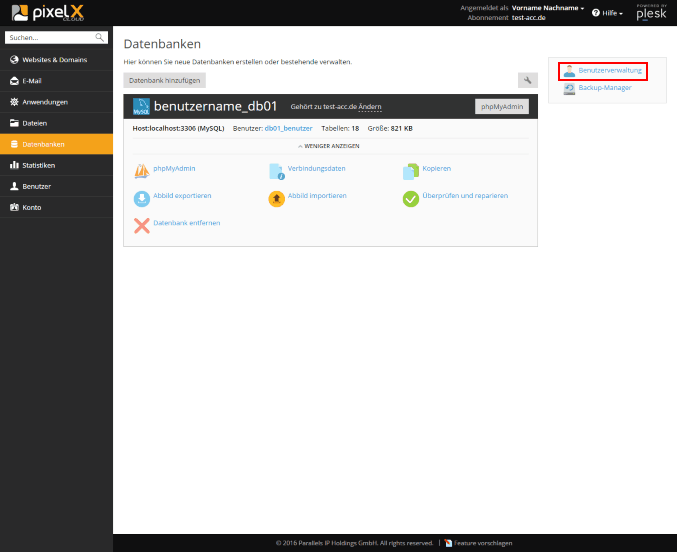 Plesk - Datenbanken - Benutzerverwaltung