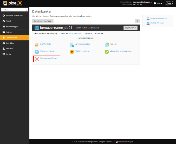 Plesk - Datenbanken - Datenbank entfernen