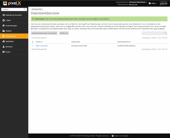 Plesk - Datenbanken - Datenbankbenutzer aktualisiert