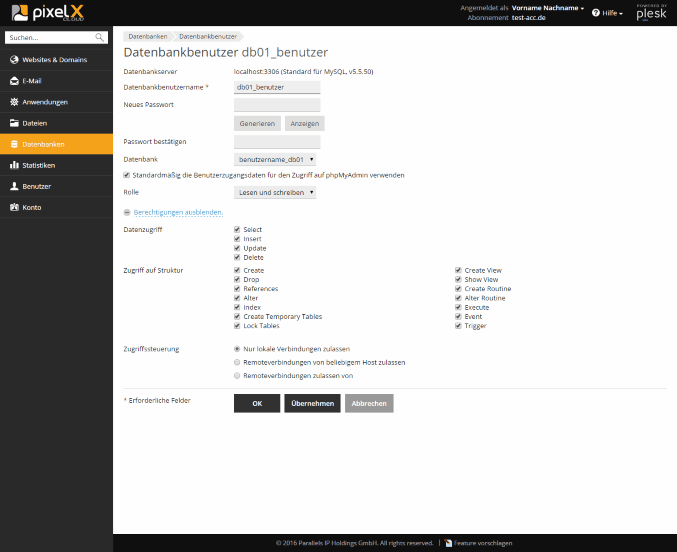 Plesk - Datenbanken - Datenbankbenutzer - Details