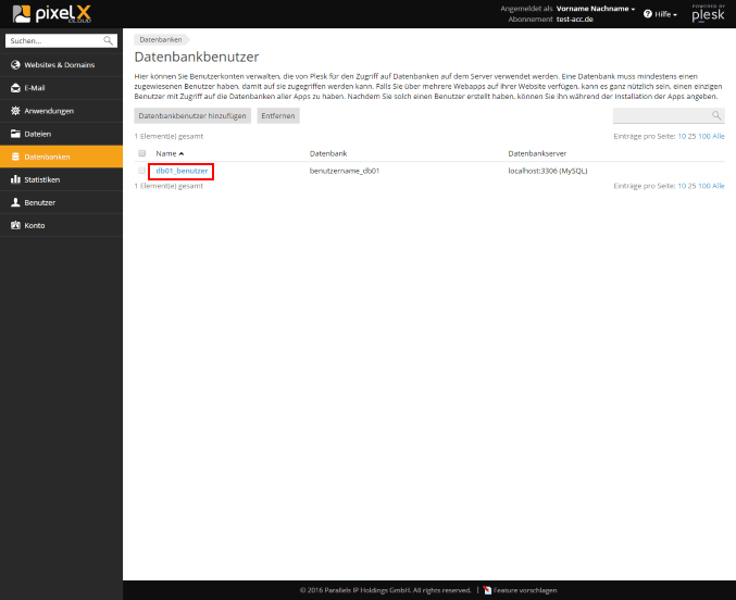 Plesk - Datenbanken - Datenbankbenutzer