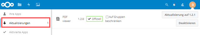 Nextcloud Apps nach Aktualisierungen filtern