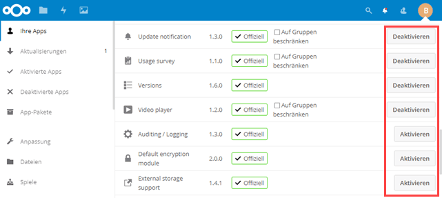 Nextcloud Apps aktivieren / deaktivieren