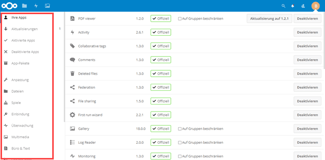 Nextcloud Apps filtern