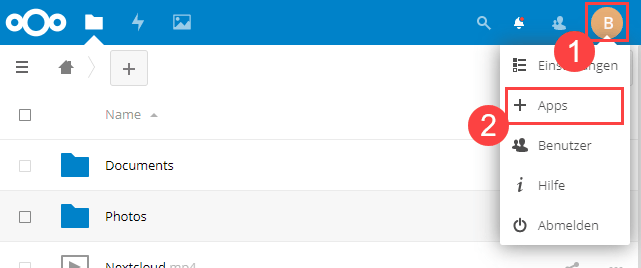 Nextcloud Apps Menü aufrufen