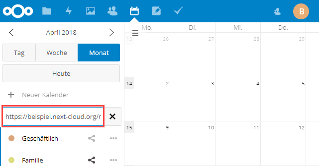 Nextcloud Kalender Caldav Adresse für einen einzelnen Kalender