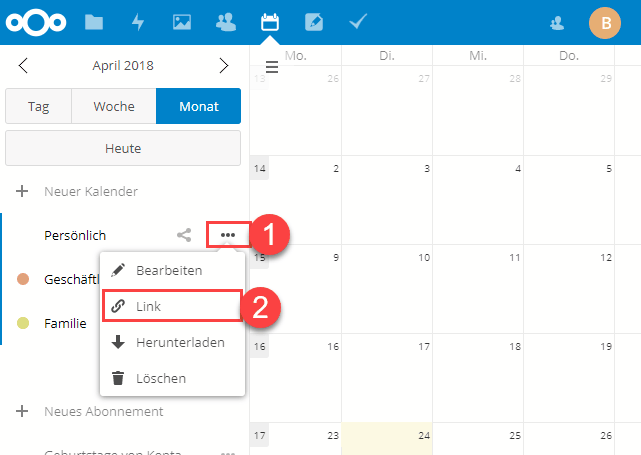 Nextcloud Kalender Menü