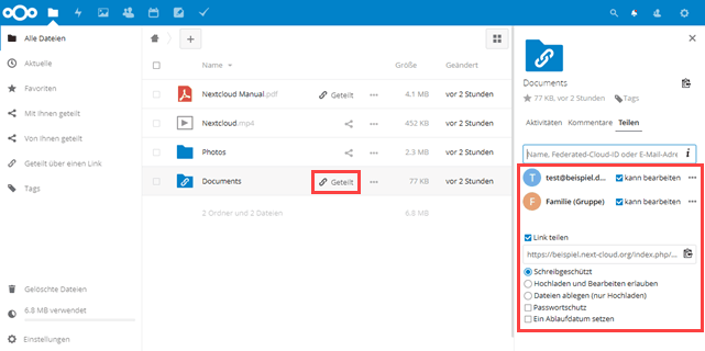 Nextcloud Datei-Manager geteilt Übersicht