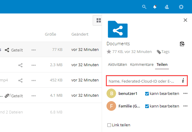 Nextcloud Ordner mit Benutzern und Gruppen teilen