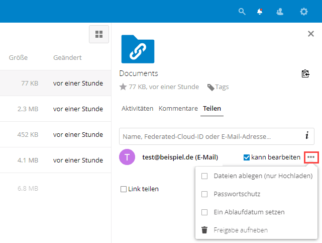 Nextcloud Berechtigungen für geteilte Daten mit E-Mail Link