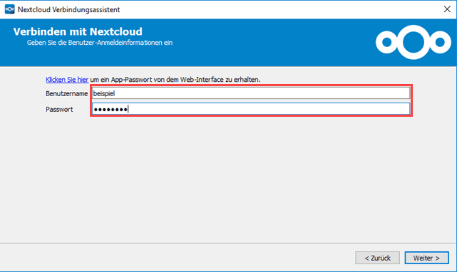 Nextcloud Verbindungsassistent Benutzeranmeldedaten