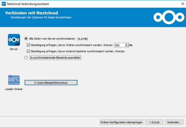 Nextcloud Verbindungsassistent Ordnereinstellungen