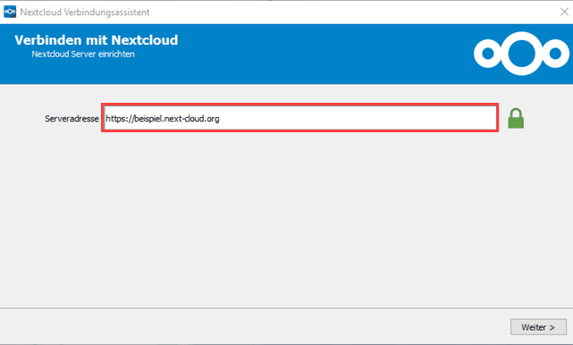 Nextcloud Verbindungsassistent Serveradresse