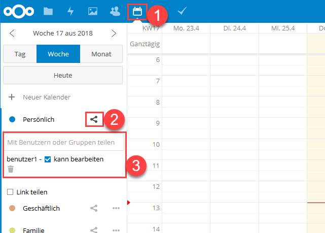 Nextcloud Kalender mit anderen Benutzern und Gruppen teilen