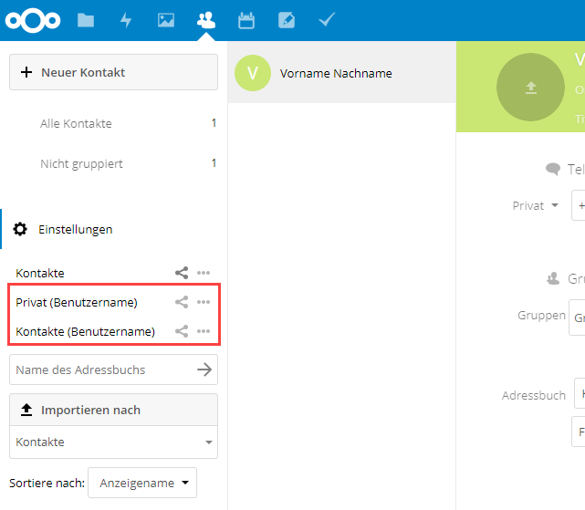 geteilte Nextcloud Kontakte anzeigen