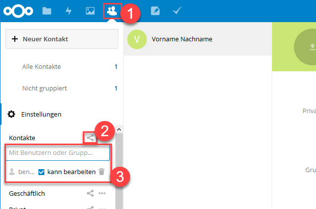 Nextcloud Adressbuch mit anderen Benutzern und Gruppen teilen