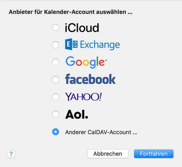 macOS Kalender: neuen Accounttyp CalDAV anlegen