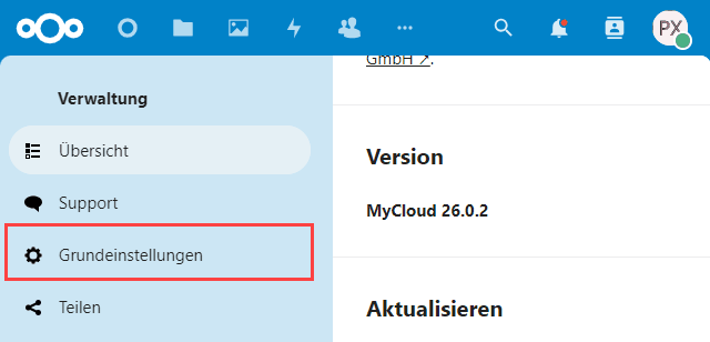 Nextcloud Grundeinstellungen Menu