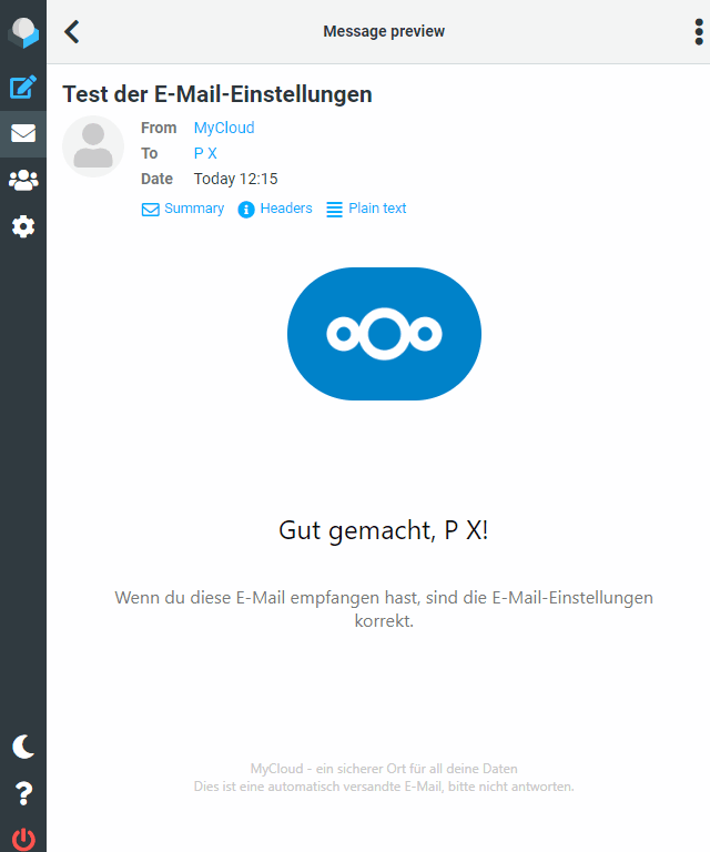 Nextcloud Testmail im Roundcube Webmailer