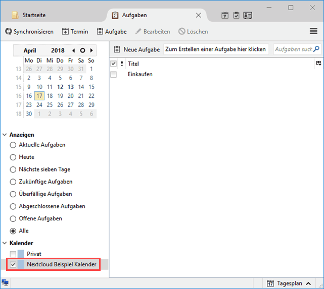 Thunderbird CalDAV Aufgaben Ansicht