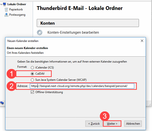 Thunderbird Kalender CalDAV Adresse