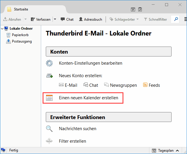 Thunderbird Startmenü / Neuen Kalender erstellen