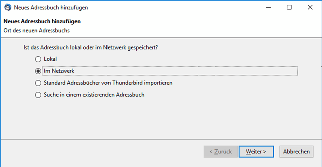Thunderbird Cardbook Assistent: Netzwerkadressbuch