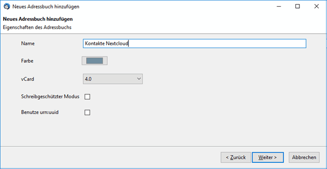 Thunderbird Cardbook Assistent: Adressbuchname