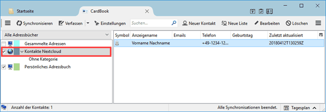 Thunderbird Cardbook Adressbuchübersicht mit CardDAV