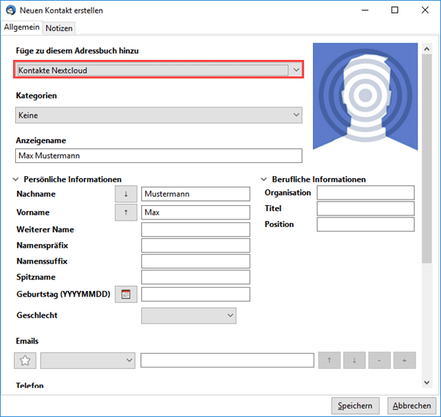 Thunderbird Cardbook - Adresse anlegen in Nextcloud Adressbuch