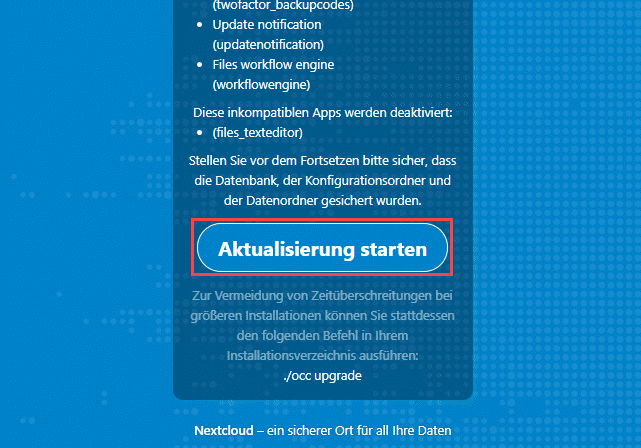 Nextcloud Aktualisieurng starten