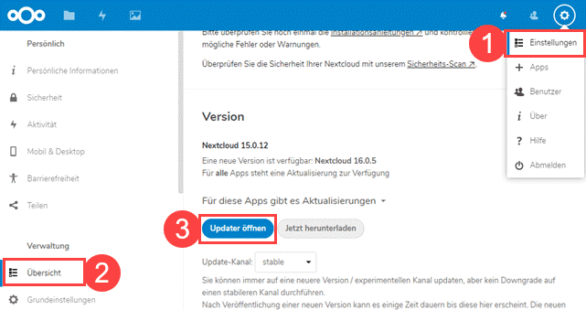 Nextcloud 15 Menü Verwaltung aufrufen