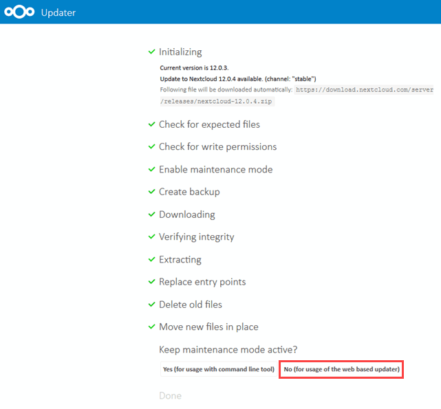 Nextcloud Update Status und Maintenace Mode beenden