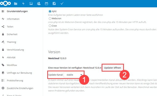 Nextcloud Update Kanal auswählen und Updater starten