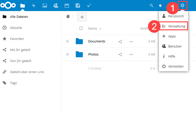 Nextcloud Menü Verwaltung auswählen