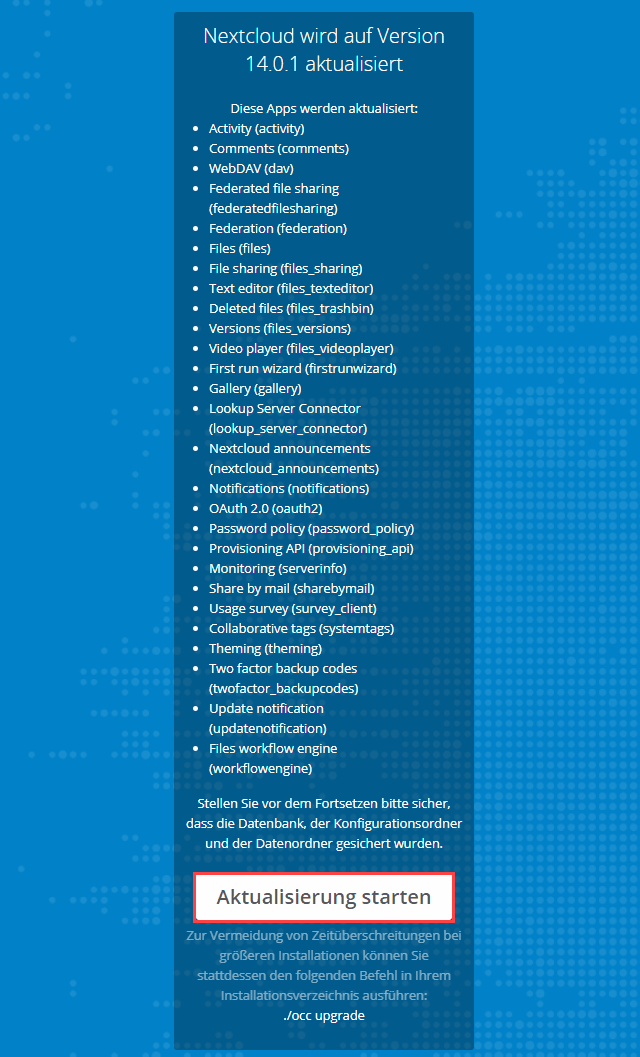 Nextcloud 13 Aktualisierung starten