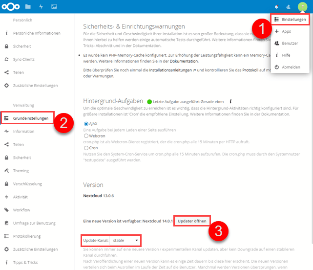 Nextcloud 13 Versionsmenü auswählen und Updater starten