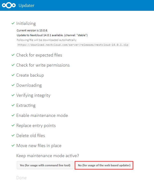 Nextcloud 13 Web Based Updater starten