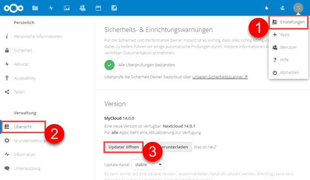 Nextcloud Versionsmenü auswählen und Updater starten