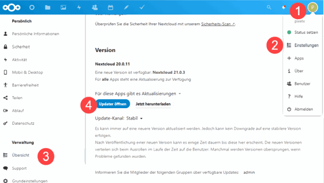 Nextcloud 20 Menü Verwaltung aufrufen