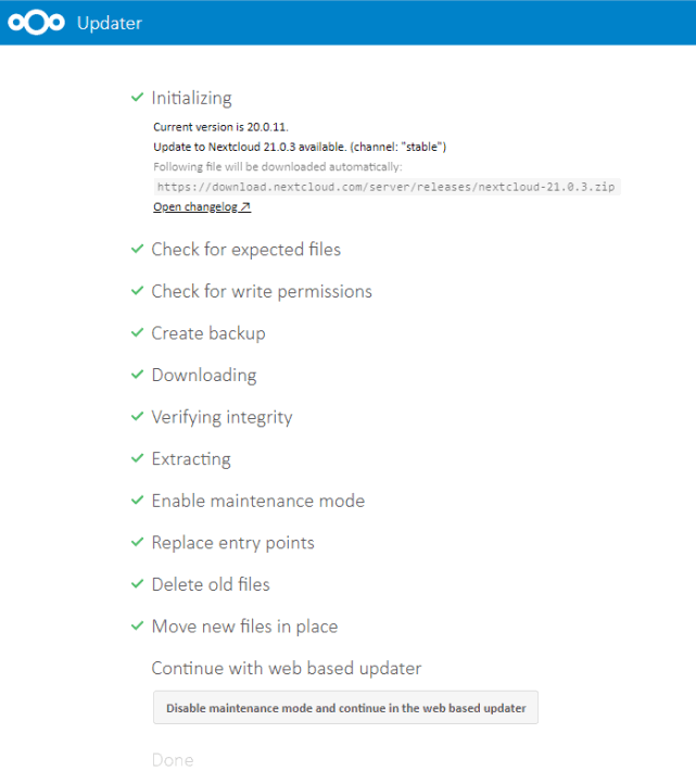 Nextcloud Update Status und Maintenace Mode beenden