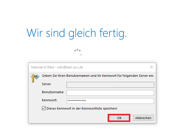 Outlook 2016 Benutzer- und Passworteingabe