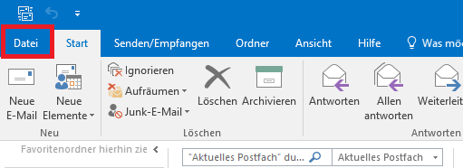 Outlook 2016 Menü Datei