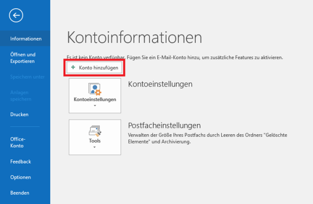 Outlook 2016 Menü Kontoinformationen