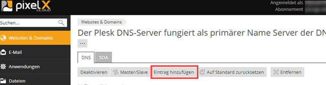 DNS Eintrag im Plesk Onyx hinzufügen