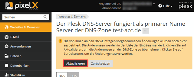 DNS Einstellungen im Plesk Onyx auf DNS Server übernehmen