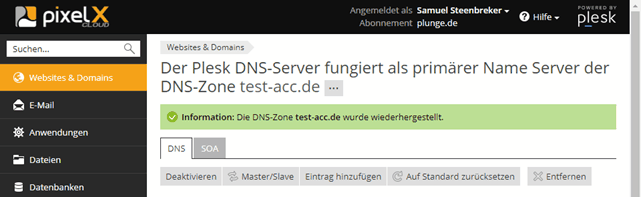 Plesk Onyx DNS Einstellungen erfolgriech auf Standard zurückgesetzt