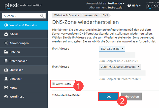 Plesk Onyx DNS-Zonen auf Standard zurücksetzen mit www Subdomain